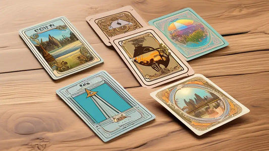 Tarot cards on a wooden surface, inspiring custom trading cards and vertical label backgrounds.