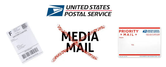 USPS postal service logo and mail labels for Media Mail shipping and Priority Mail options