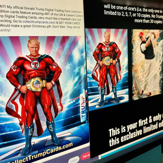 Digital trading card artwork of a superhero figure in a Trump Trading Card theme.