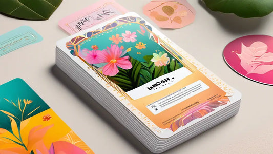 Stack of custom trading cards featuring a colorful floral design on top.