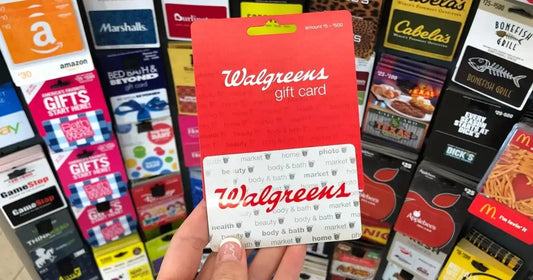 Walgreens gift card displayed among various trading gift cards for sale in retail.