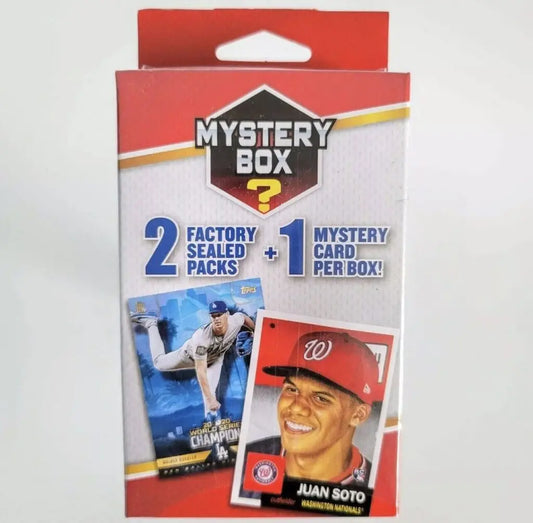 Mystery box from Walgreens featuring trading card packs and a mystery baseball card.