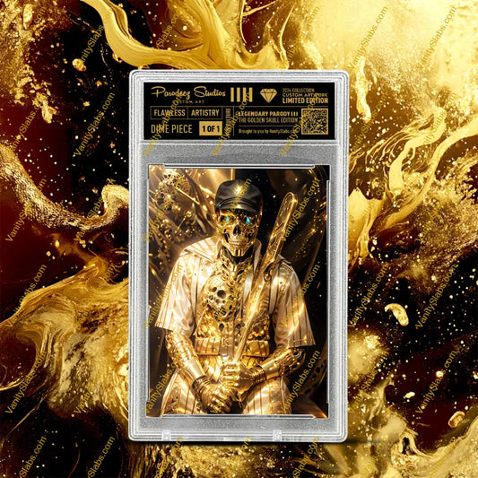 A graded trading card of a baseball player in metallic gold from the Golden Skull Collection.