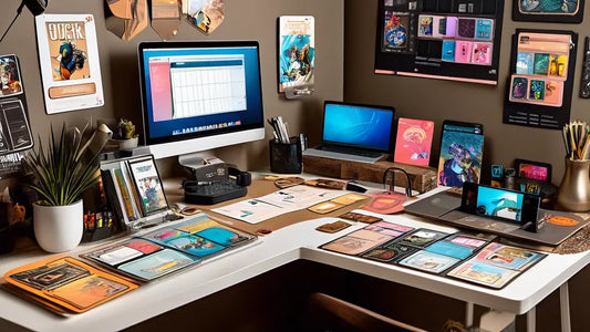 L-shaped desk with monitors and artistic materials for custom trading cards design