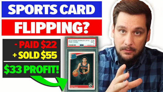 Sports card flipping ad displaying profit calculation and graded basketball card