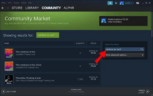 Steam Community Market interface displaying search results for foil trading cards.