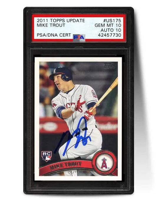 PSA-graded 2011 Topps Update Mike Trout rookie card in protective case for sports cards graded