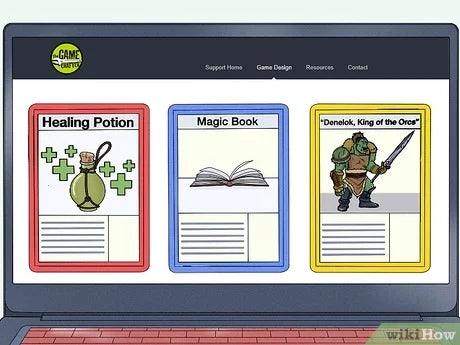 Computer screen showcasing trading card game cards: healing potion, magic book, orc character