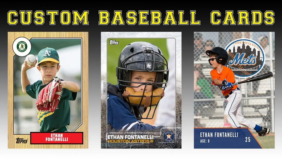 Three custom baseball cards showcasing players in uniforms for making baseball cards.