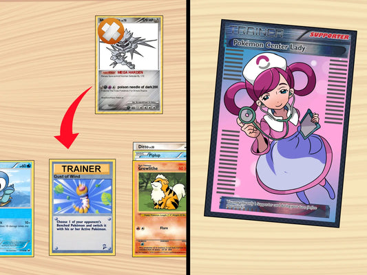 Pokemon trading cards and a pink Nurse character on wooden surface for playing Pokemon cards.