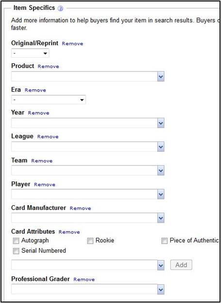 Form interface for selling sports cards to attract potential buyers on eBay