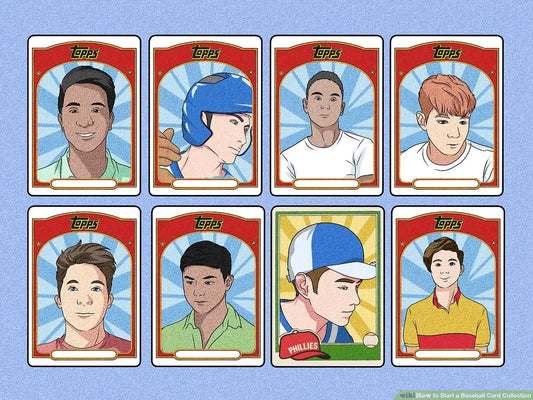 Colorful baseball card-style illustrations for baseball card collecting tips.