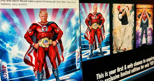 Red-costumed superhero with championship belt posing, symbolizing Trump trading cards.