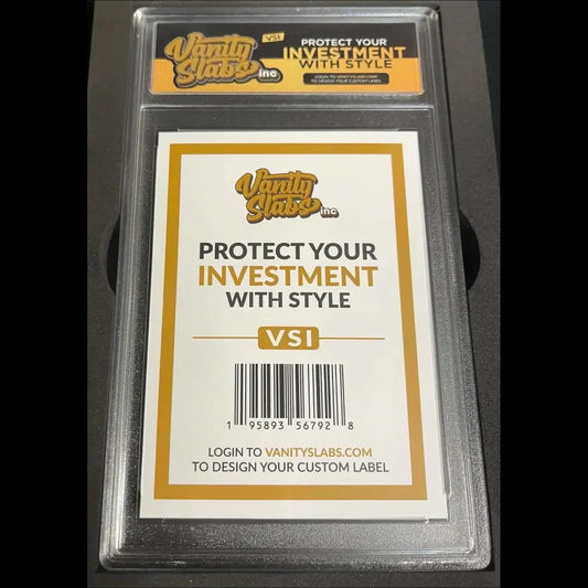 Clear plastic card protector with Vanity Slabs label for sports card collecting.