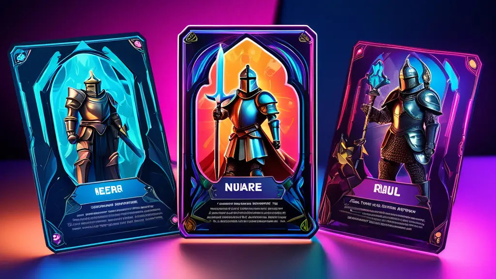 Three glowing custom trading cards of medieval knights in vibrant frames.