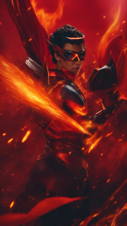 Figure in dark armor amidst fiery energy, showcasing AI-generated art for Vanity Slabs collectibles.