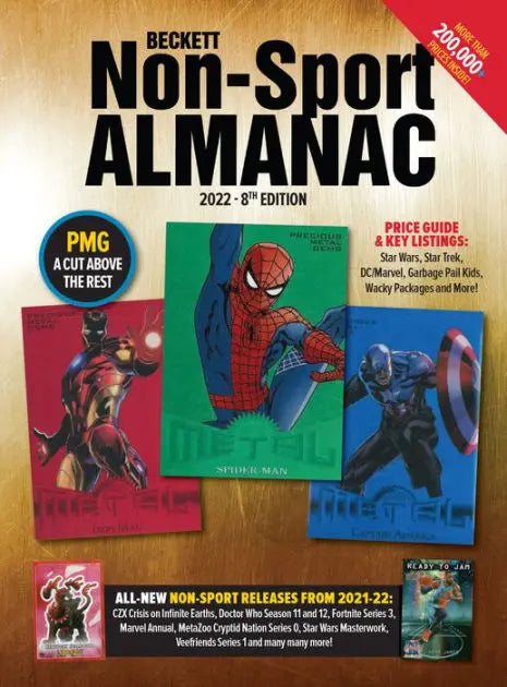 Beckett Non-Sport Almanac 2022 8th Edition trading cards price guide cover with comic characters