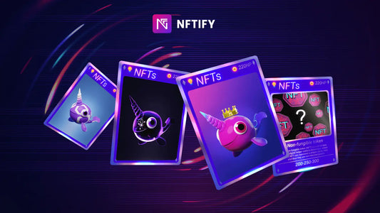 Digital NFT trading cards featuring vibrant purple borders and cartoon-style artwork.