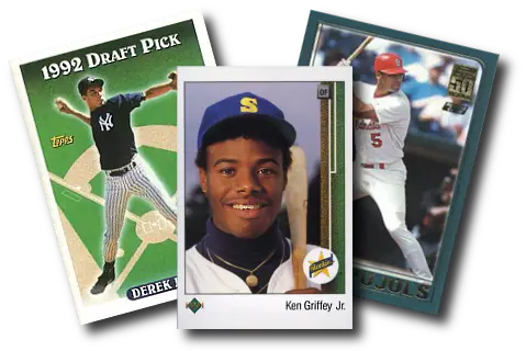 Three baseball cards showcasing a player in various uniforms for sports card collecting insights