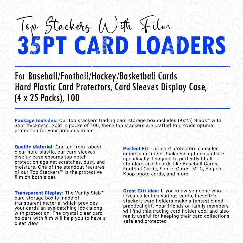 100 Premium Top Stackers (W/ Film) 35Pt Card Loaders (4 X 25 Packs) For Baseball Football Hockey