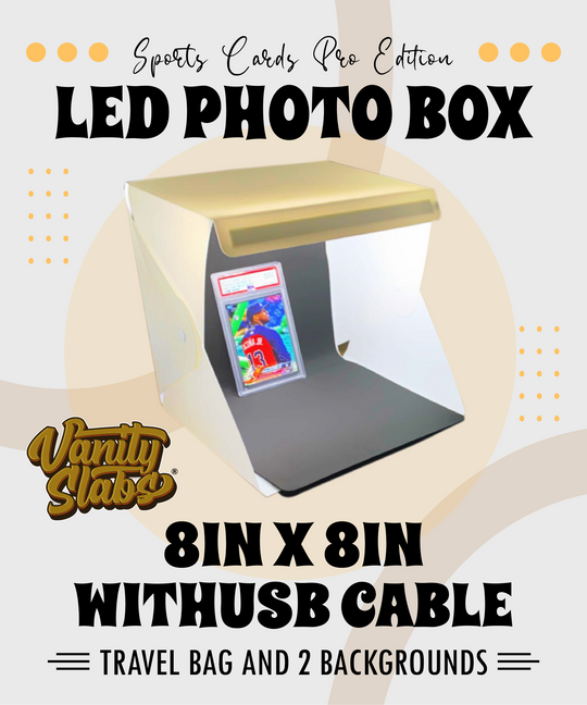 LED Photo Box Sports Cards Pro Edition 8in x 8in with USB Cable, Travel Bag and 2 Backgrounds