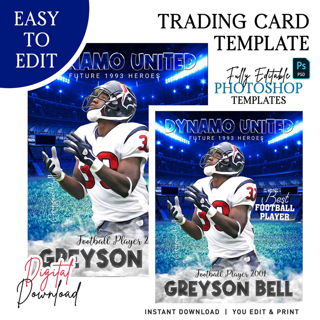 Customizable Football Sports Trading Card Design, Photoshop Football Card Template, Digital Sports Poster, Printable Football Template